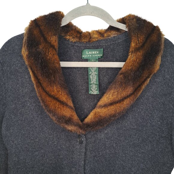 Lauren Ralph Lauren Gray Merino Wool Button Up Sweater Faux Fur Collar Large - Picture 3 of 5